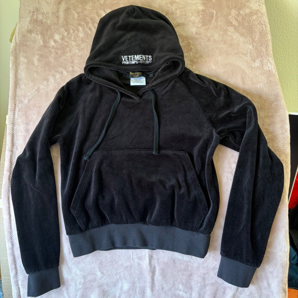 Vetements x Juicy Couture Black Velour Crystal Logo Hoodie Size L